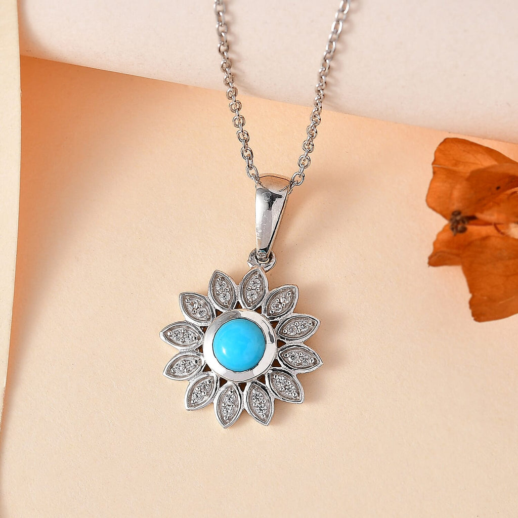Arizona Sleeping Beauty Turquoise & Natural Zircon Floral Pendant with Chain (Size 20) in Platinum Overlay Sterling Silver