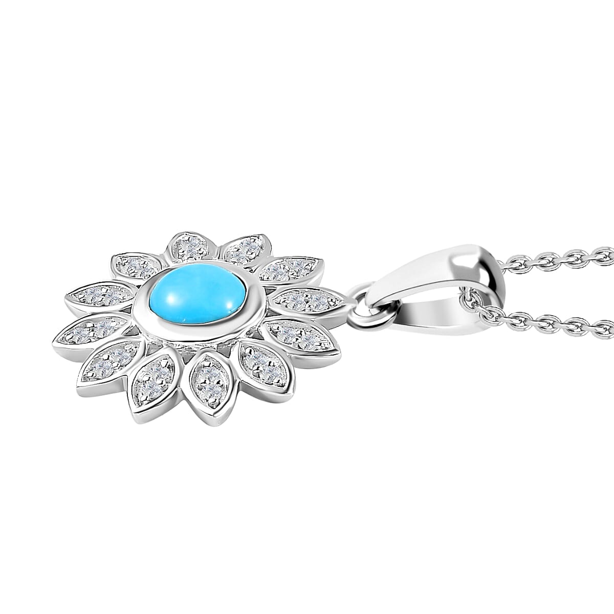 Arizona Sleeping Beauty Turquoise &amp; Natural Zircon Floral Pendant with Chain (Size 20) in Platinum Overlay Sterling Silver 4266031 3