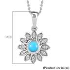 Arizona Sleeping Beauty Turquoise & Natural Zircon Floral Pendant with Chain (Size 20) in Platinum Overlay Sterling Silver