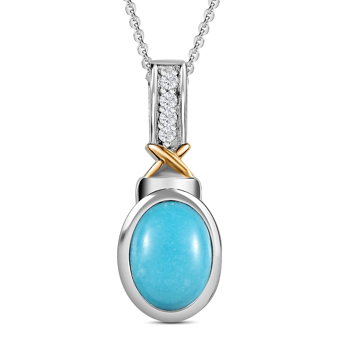 Arizona Sleeping Beauty Turquoise &amp; Zircon Pendant with Chain (Size 20) in Platinum Overlay Sterling Silver 1.21 Ct 4267138 0