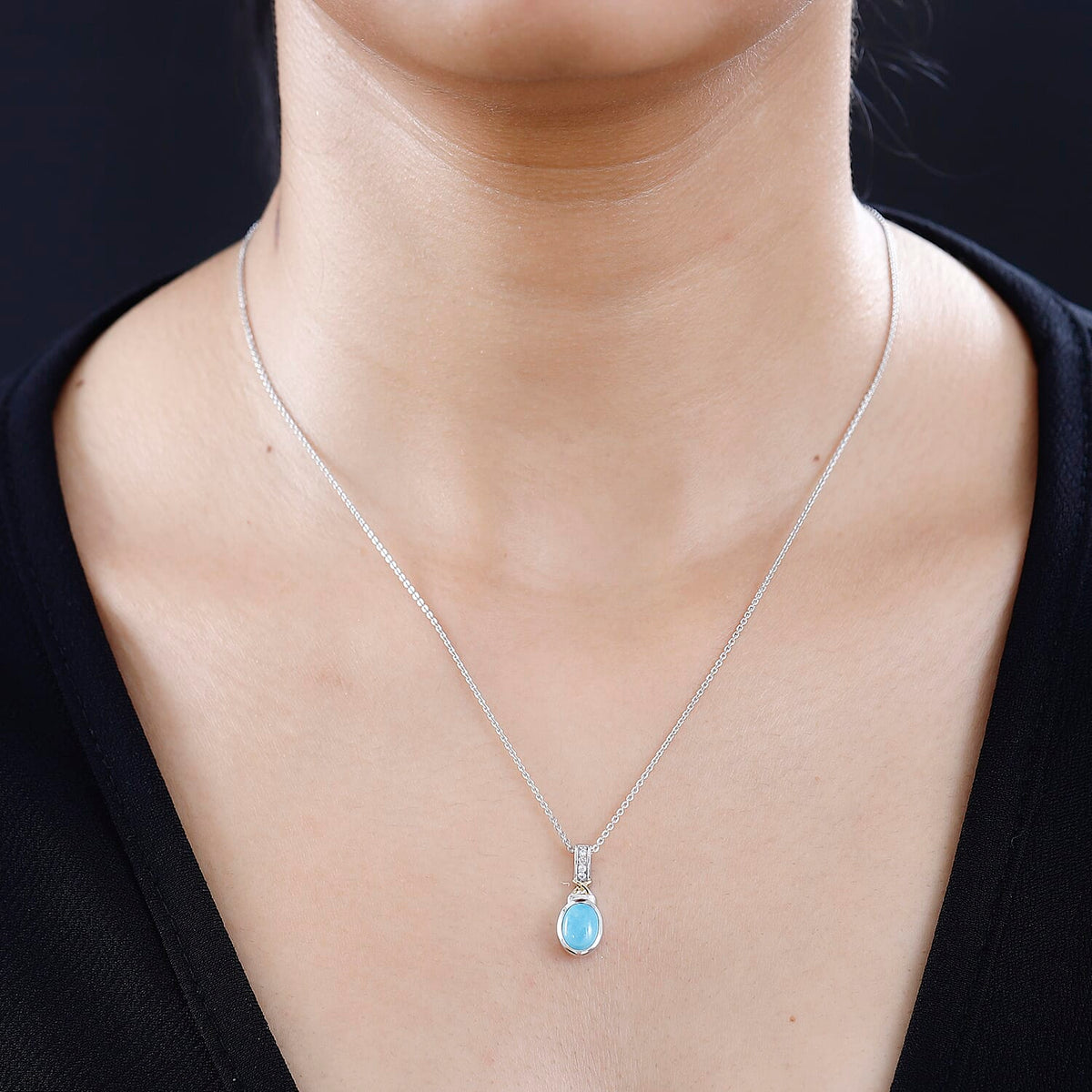 Arizona Sleeping Beauty Turquoise &amp; Zircon Pendant with Chain (Size 20) in Platinum Overlay Sterling Silver 1.21 Ct 4267138 2