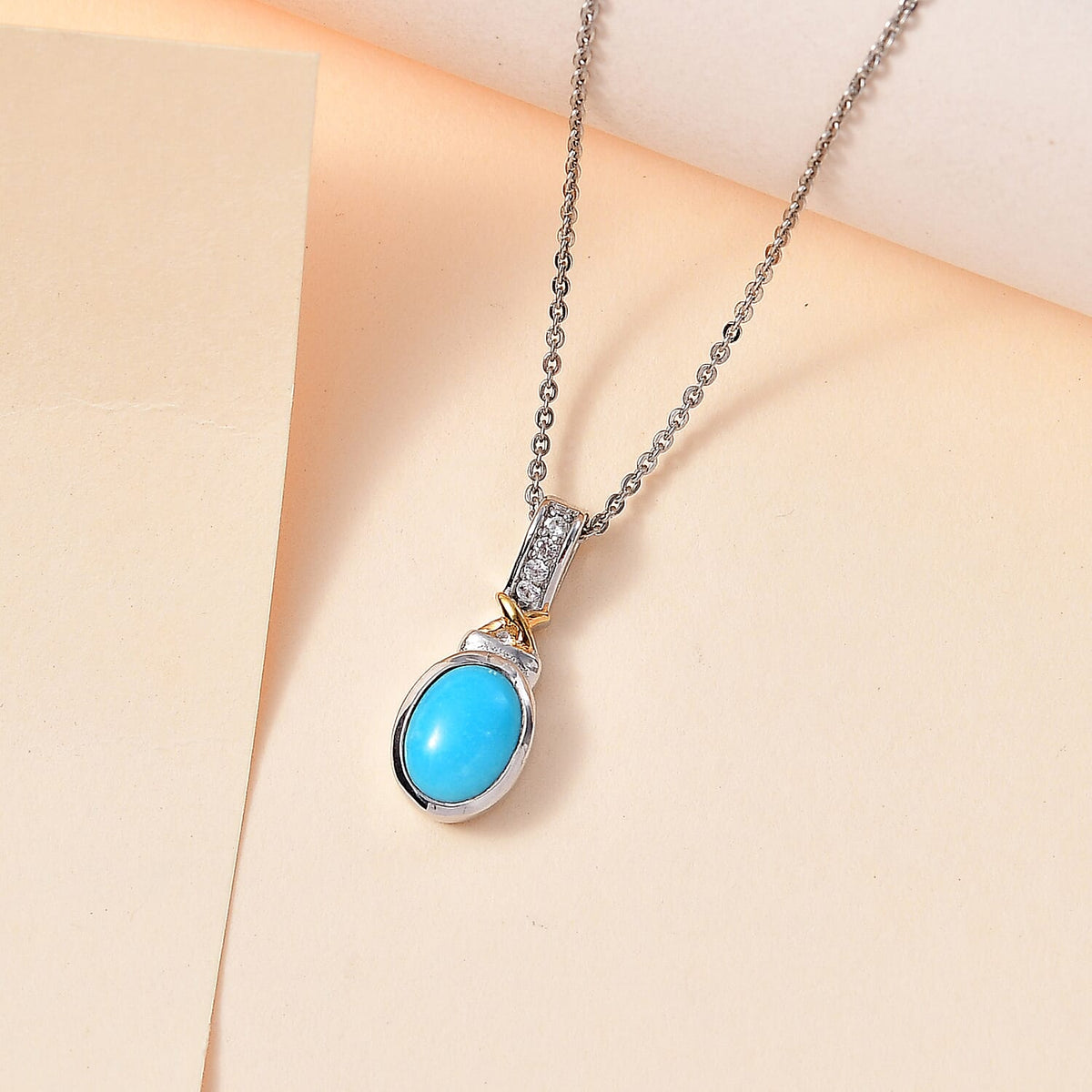 Arizona Sleeping Beauty Turquoise &amp; Zircon Pendant with Chain (Size 20) in Platinum Overlay Sterling Silver 1.21 Ct 4267138 3