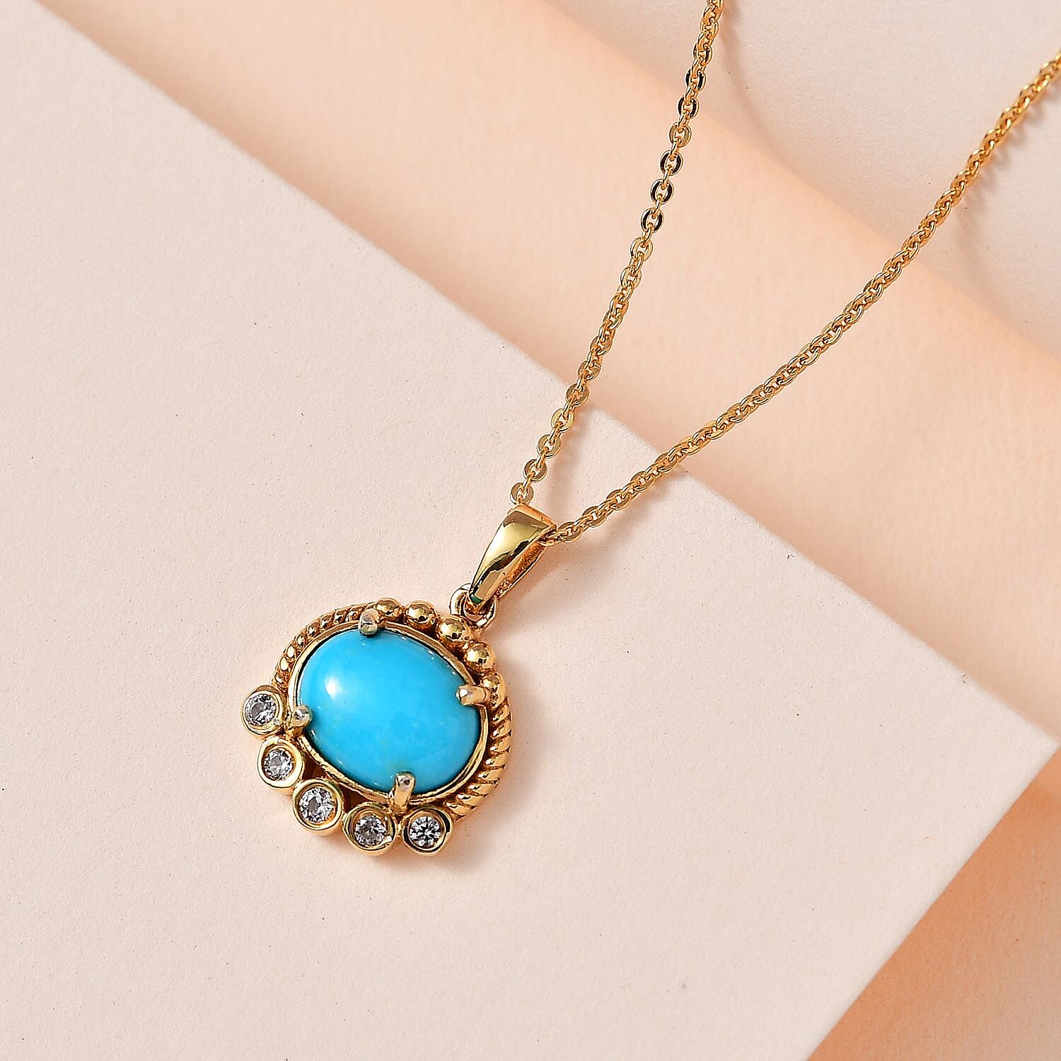 Arizona Sleeping Beauty Turquoise &amp; Natural Zircon Pendant with Chain (Size 20) in 18K Yellow Gold Vermeil Plated Sterling Silver 2.08 Ct. 4231333 2