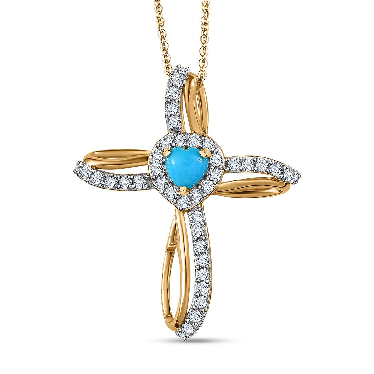 Sleeping Beauty Turquoise,  White Zircon Pendant with Chain (Size 20) in Vermeil YG Sterling Silver 1.60 ct  Silver Wt. 5.87 Gms  2.110  Ct. 4248624 0