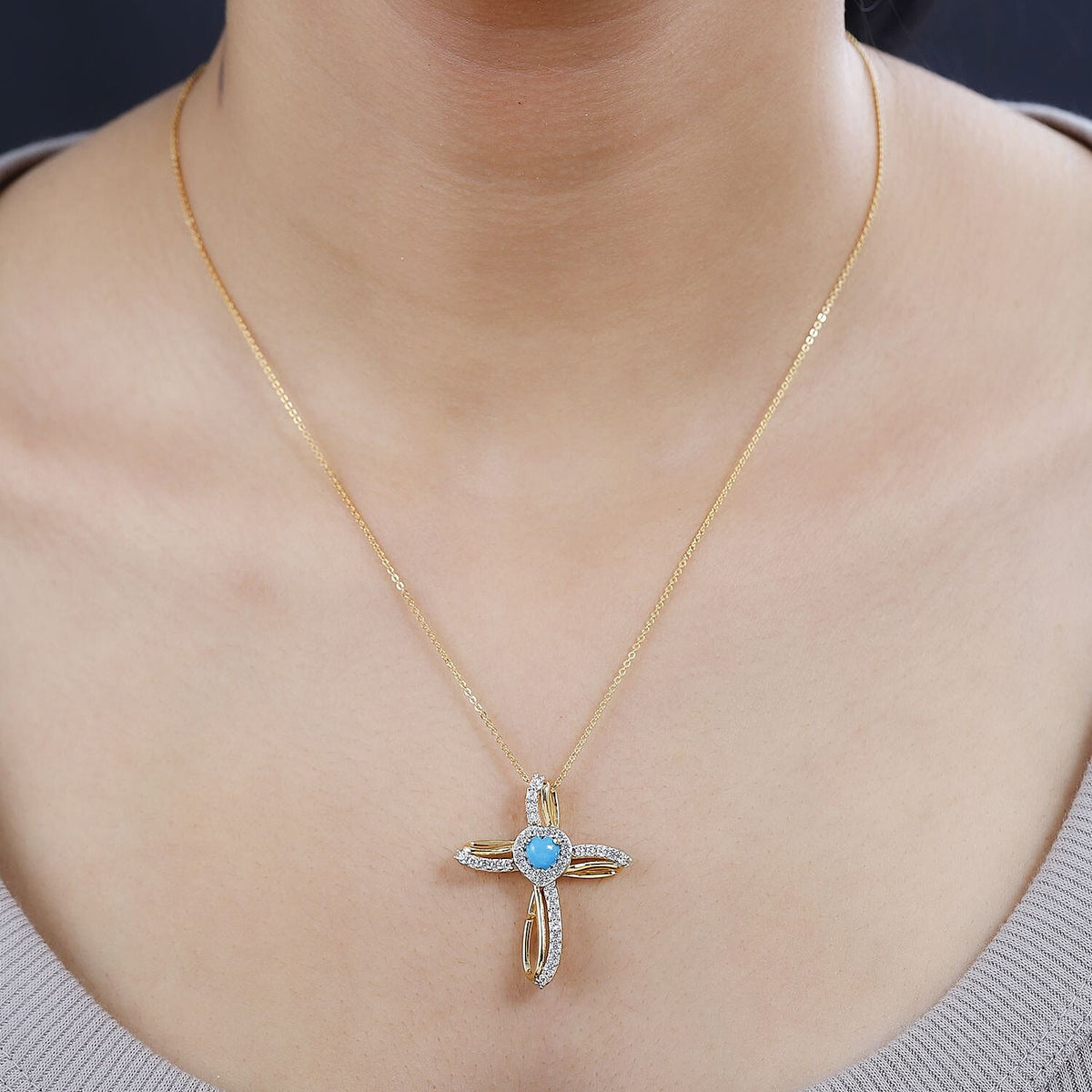 Sleeping Beauty Turquoise,  White Zircon Pendant with Chain (Size 20) in Vermeil YG Sterling Silver 1.60 ct  Silver Wt. 5.87 Gms  2.110  Ct. 4248624 2