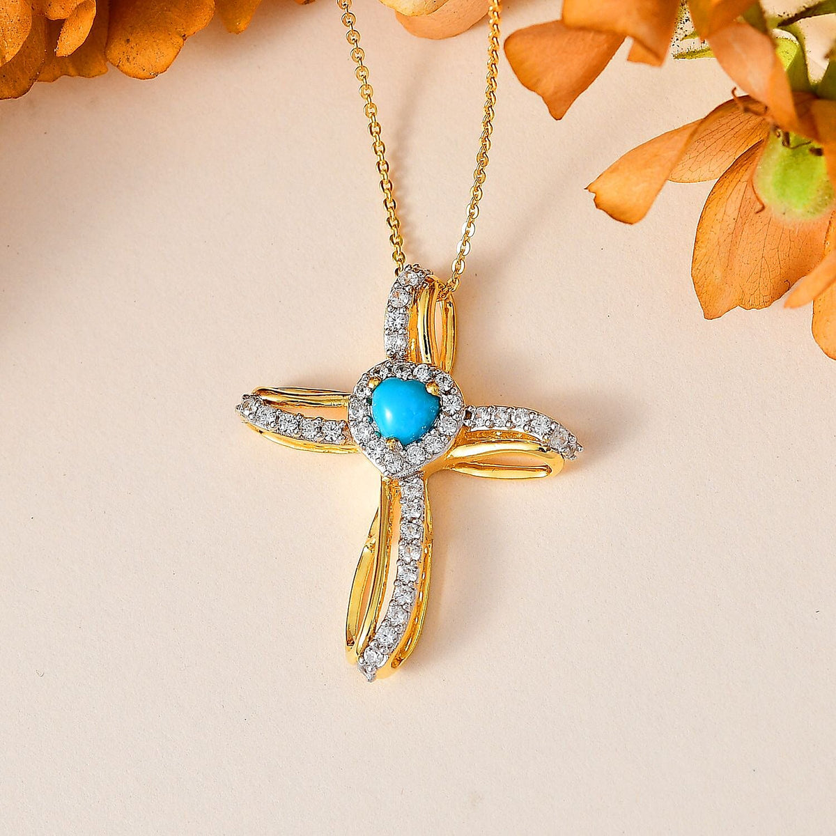 Sleeping Beauty Turquoise,  White Zircon Pendant with Chain (Size 20) in Vermeil YG Sterling Silver 1.60 ct  Silver Wt. 5.87 Gms  2.110  Ct. 4248624 3