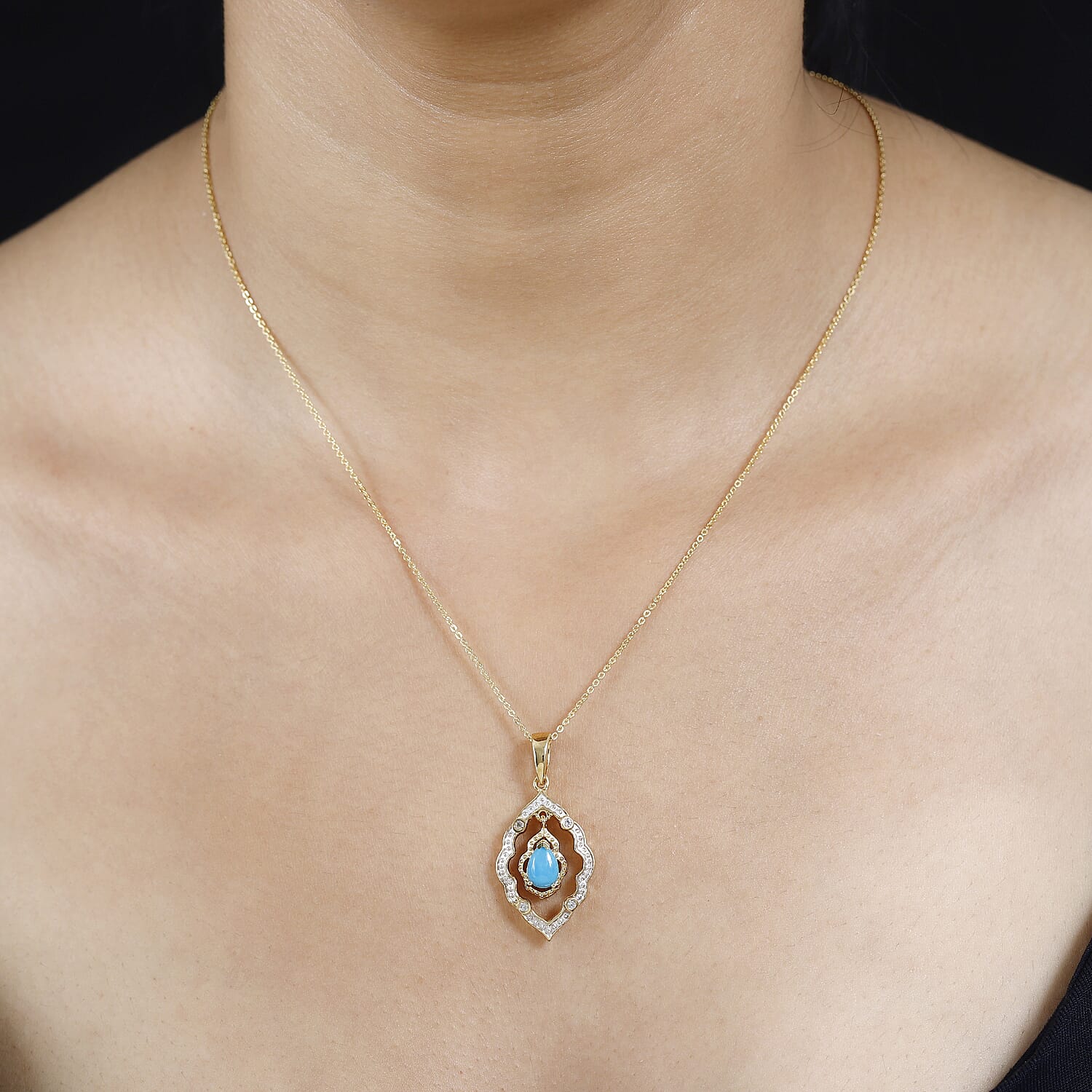 Arizona Sleeping Beauty Turquoise and Natural Zircon Pendant with Chain (Size 20) in 18K Gold Vermeil Plated Sterling Silver 4254884 2