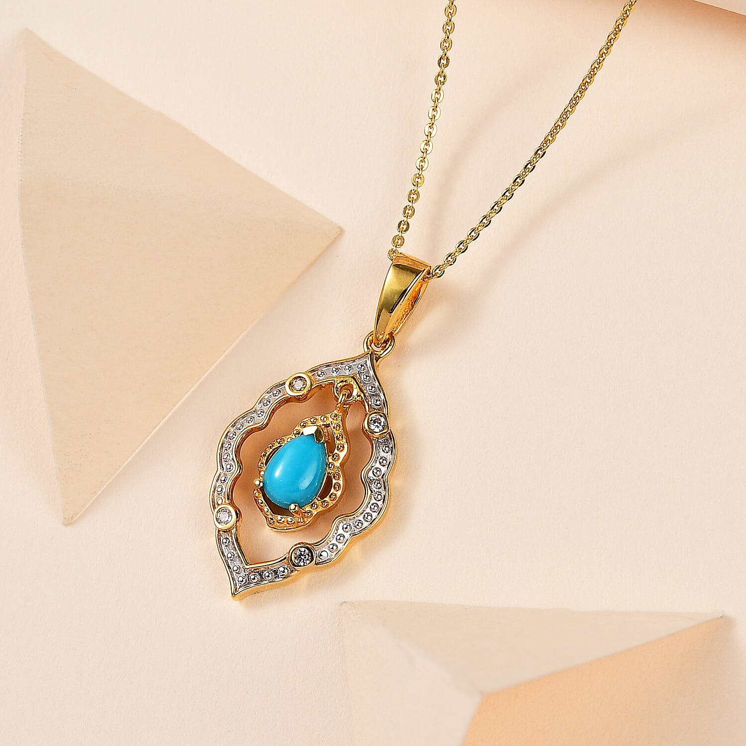 Arizona Sleeping Beauty Turquoise and Natural Zircon Pendant with Chain (Size 20) in 18K Gold Vermeil Plated Sterling Silver 4254884 3
