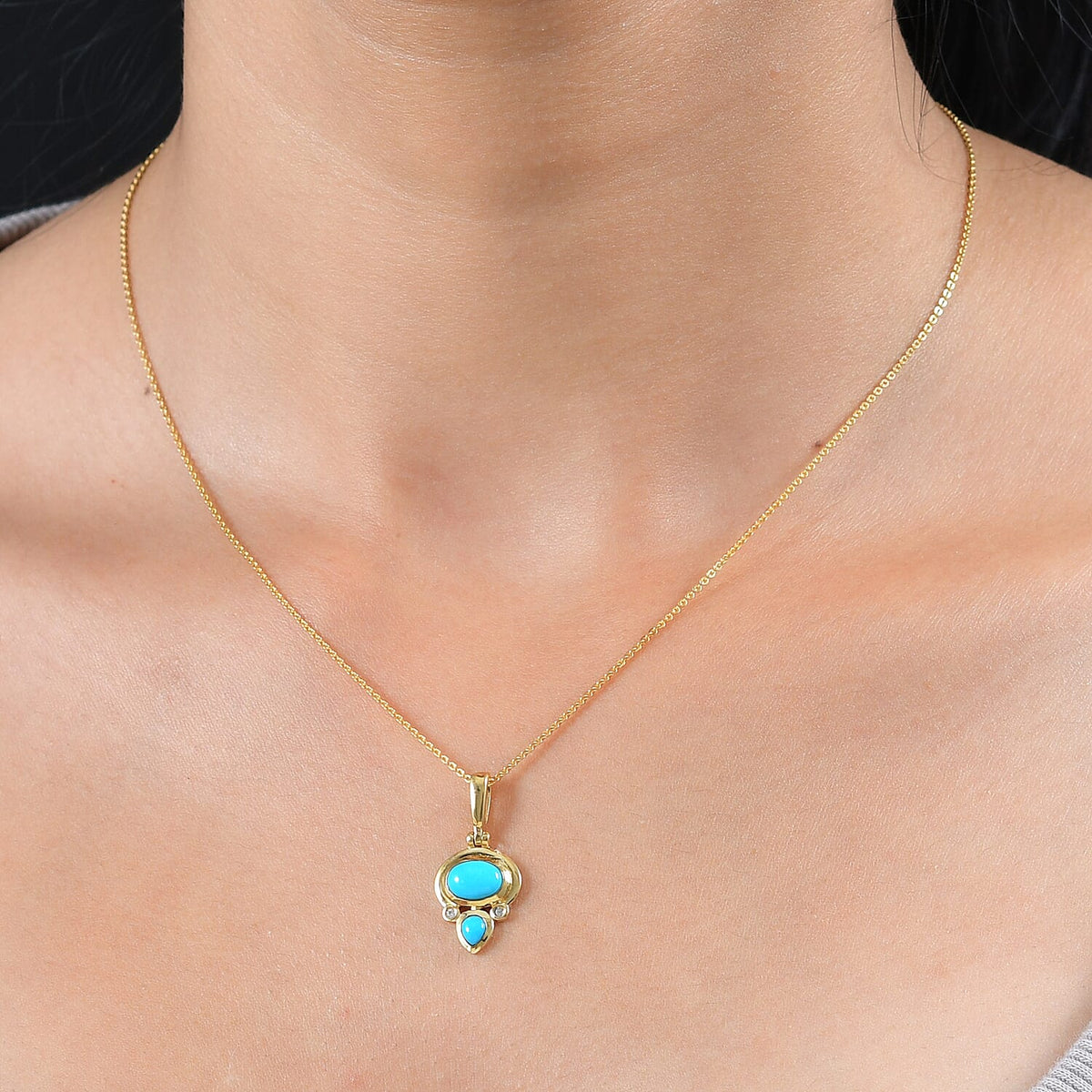 Arizona Sleeping Beauty Turquoise and Natural Zircon Pendant with Chain (Size 20) in 18K Gold Vermeil Plated Sterling Silver 4259494 2