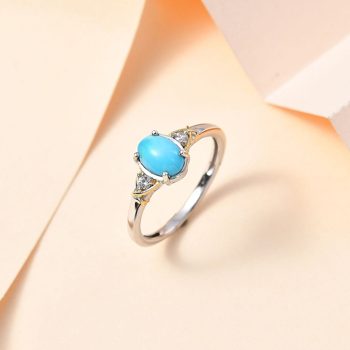 Arizona Sleeping Beauty Turquoise &amp; Natural Zircon Ring in 18K Vermeil YG &amp; Platinum Plated Sterling Silver 7775369 1