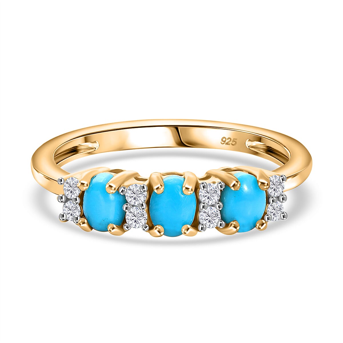 Sleeping Beauty Turquoise and White Zircon 3 Stone Ring in Yellow Gold Overlay Sterling Silver 8162246 0