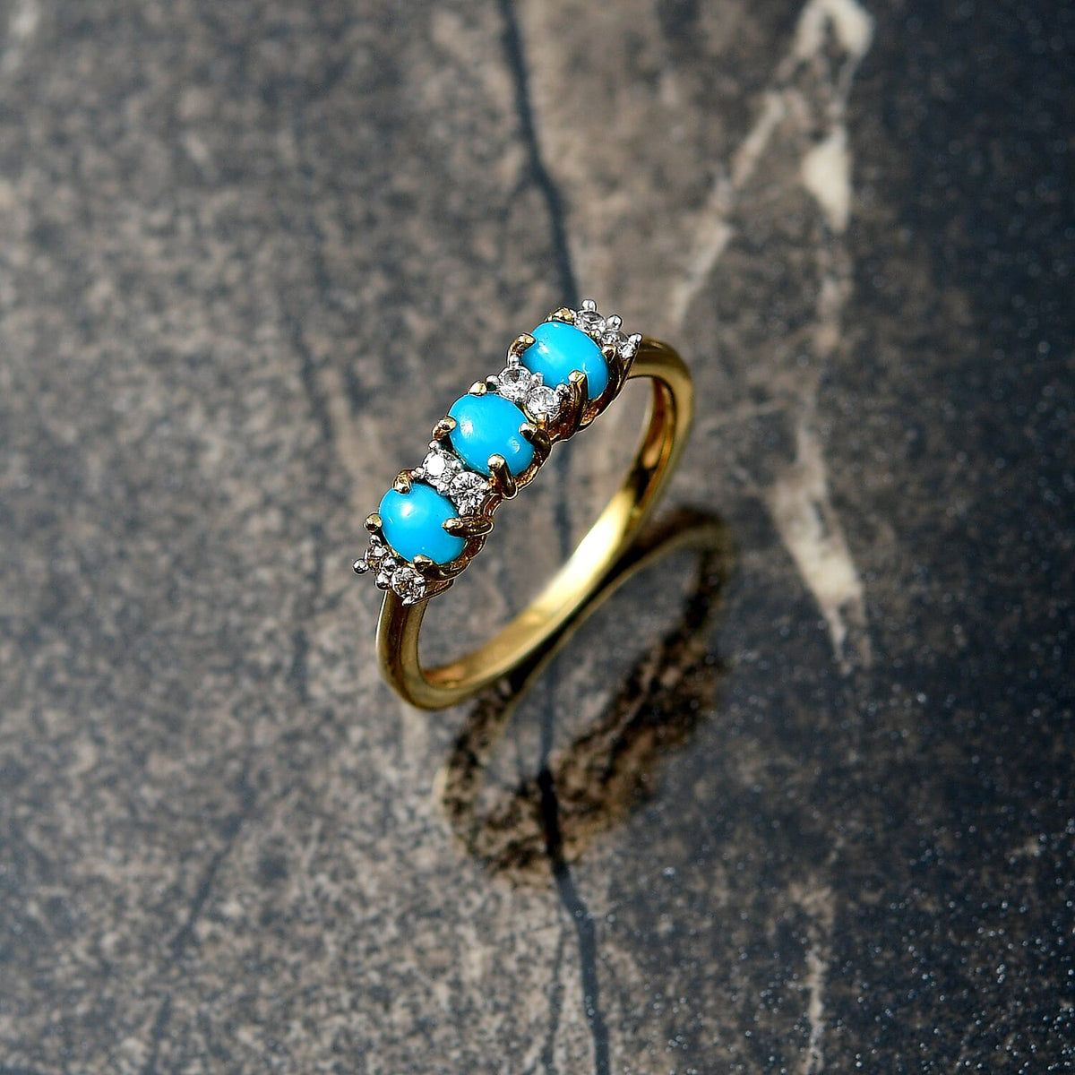 Sleeping Beauty Turquoise and White Zircon 3 Stone Ring in Yellow Gold Overlay Sterling Silver 8162246 2