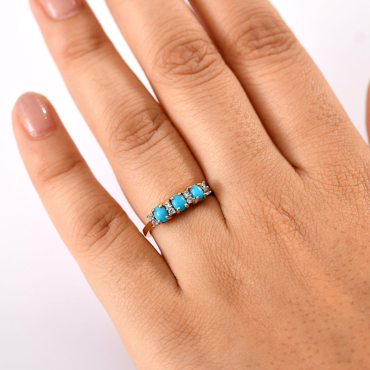 Sleeping Beauty Turquoise and White Zircon 3 Stone Ring in Yellow Gold Overlay Sterling Silver 8162246 3
