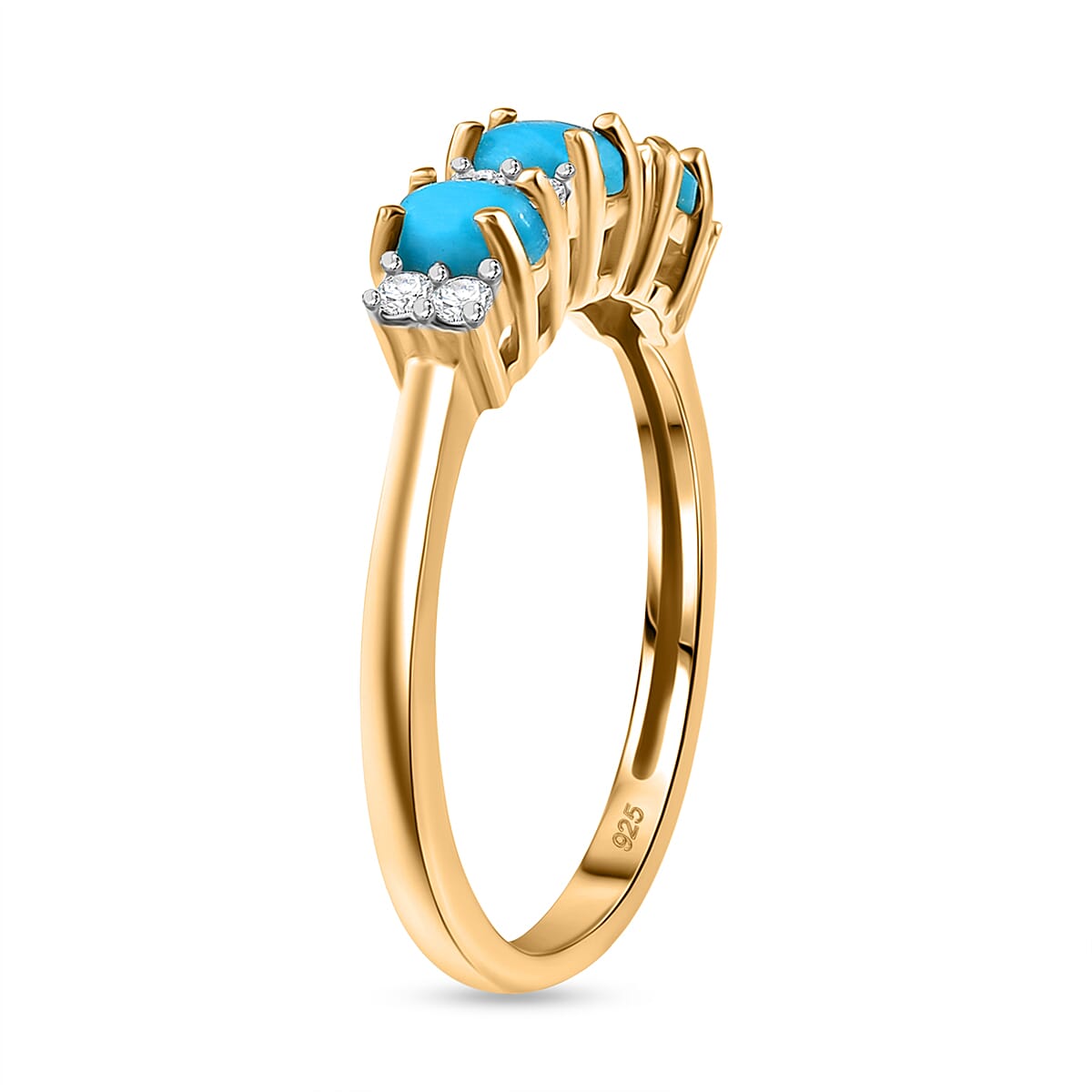 Sleeping Beauty Turquoise and White Zircon 3 Stone Ring in Yellow Gold Overlay Sterling Silver 8162246 4