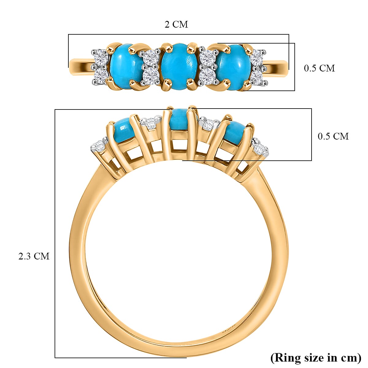 Sleeping Beauty Turquoise and White Zircon 3 Stone Ring in Yellow Gold Overlay Sterling Silver 8162246 6