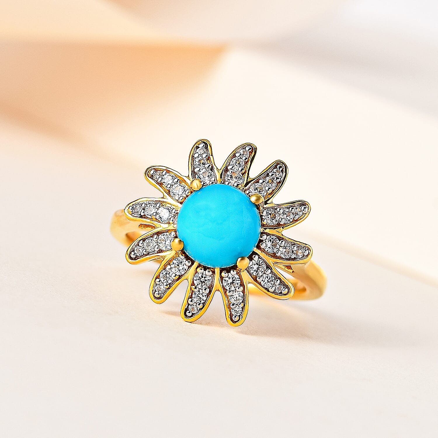 Arizona Sleeping Beauty Turquoise &amp; Natural Zircon Floral Ring in 18K Vermeil Yellow Gold Plated Sterling Silver 1.65 Ct 7633873 1
