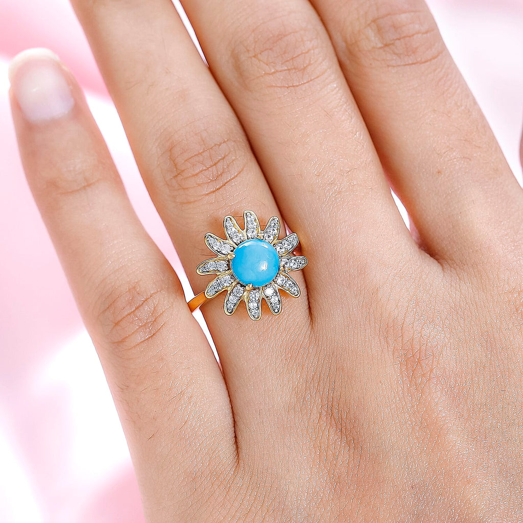 Arizona Sleeping Beauty Turquoise & Natural Zircon Floral Ring in 18K Vermeil Yellow Gold Plated Sterling Silver 1.65 Ct
