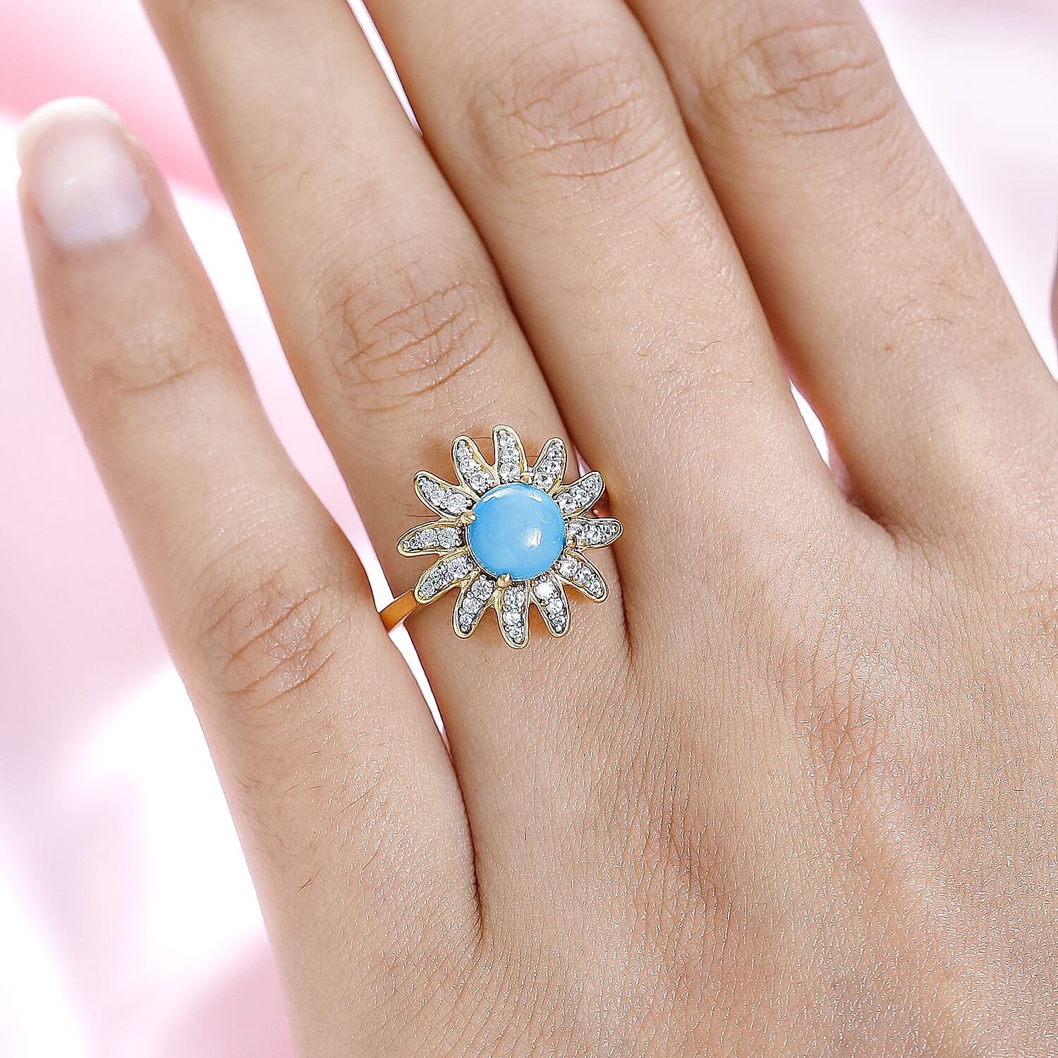 Arizona Sleeping Beauty Turquoise &amp; Natural Zircon Floral Ring in 18K Vermeil Yellow Gold Plated Sterling Silver 1.65 Ct 7633873 2