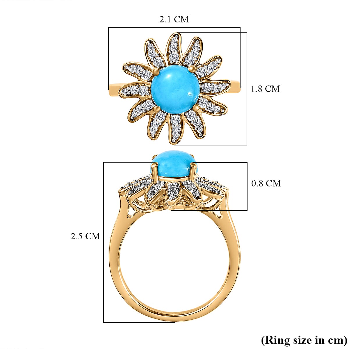 Arizona Sleeping Beauty Turquoise &amp; Natural Zircon Floral Ring in 18K Vermeil Yellow Gold Plated Sterling Silver 1.65 Ct 7633873 5