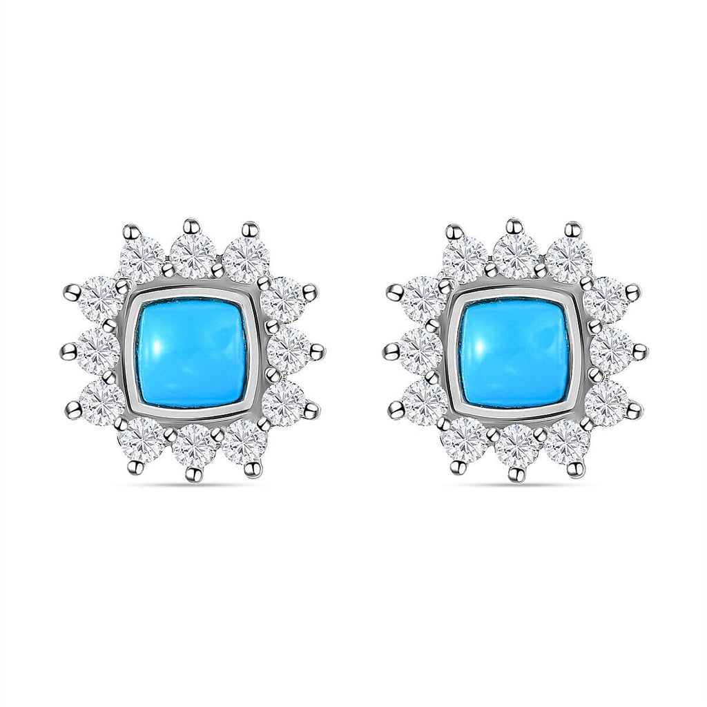 Tucson Special- Arizona Sleeping Beauty Turquoise and Natural Cambodian Zircon Halo Earrings (With Push Back) in Platinum Overlay Sterling Silver 1.40 Ct