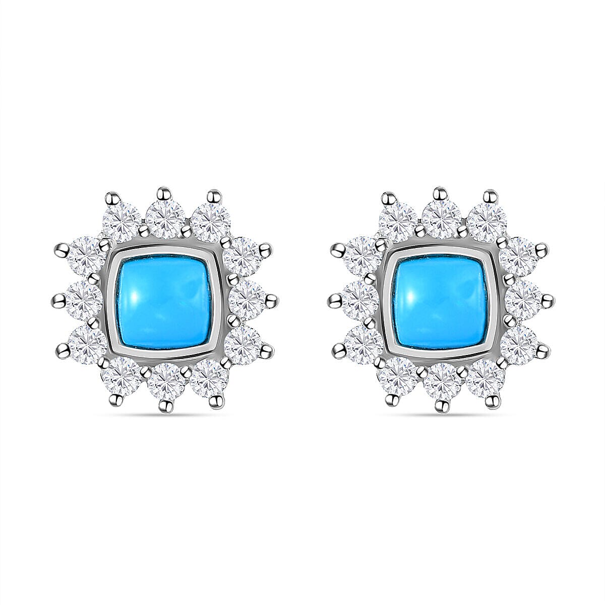 Tucson Special- Arizona Sleeping Beauty Turquoise and Natural Cambodian Zircon Halo Earrings (With Push Back) in Platinum Overlay Sterling Silver 1.40 Ct 7337139 0