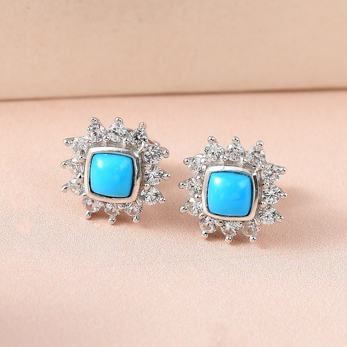 Tucson Special- Arizona Sleeping Beauty Turquoise and Natural Cambodian Zircon Halo Earrings (With Push Back) in Platinum Overlay Sterling Silver 1.40 Ct 7337139 1