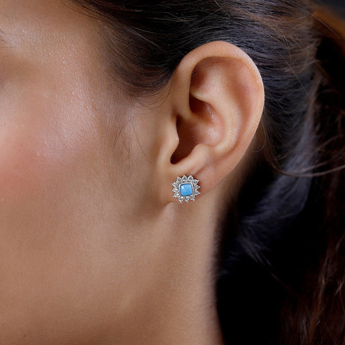 Tucson Special- Arizona Sleeping Beauty Turquoise and Natural Cambodian Zircon Halo Earrings (With Push Back) in Platinum Overlay Sterling Silver 1.40 Ct 7337139 2