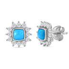 Tucson Special- Arizona Sleeping Beauty Turquoise and Natural Cambodian Zircon Halo Earrings (With Push Back) in Platinum Overlay Sterling Silver 1.40 Ct