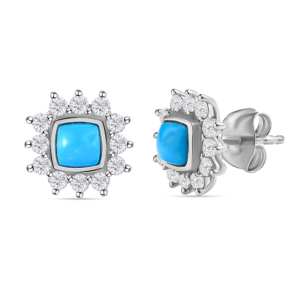 Tucson Special- Arizona Sleeping Beauty Turquoise and Natural Cambodian Zircon Halo Earrings (With Push Back) in Platinum Overlay Sterling Silver 1.40 Ct 7337139 3
