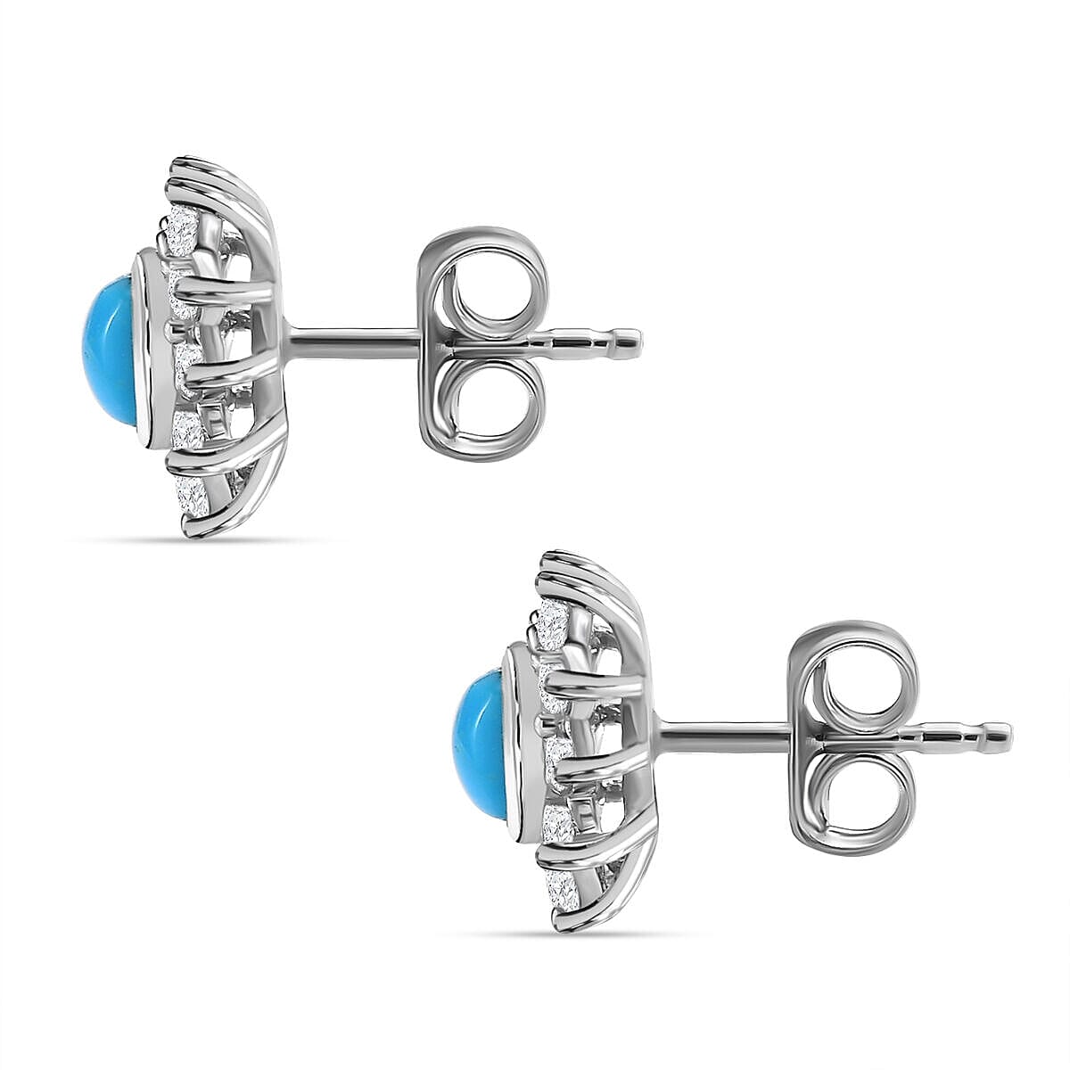 Tucson Special- Arizona Sleeping Beauty Turquoise and Natural Cambodian Zircon Halo Earrings (With Push Back) in Platinum Overlay Sterling Silver 1.40 Ct 7337139 4