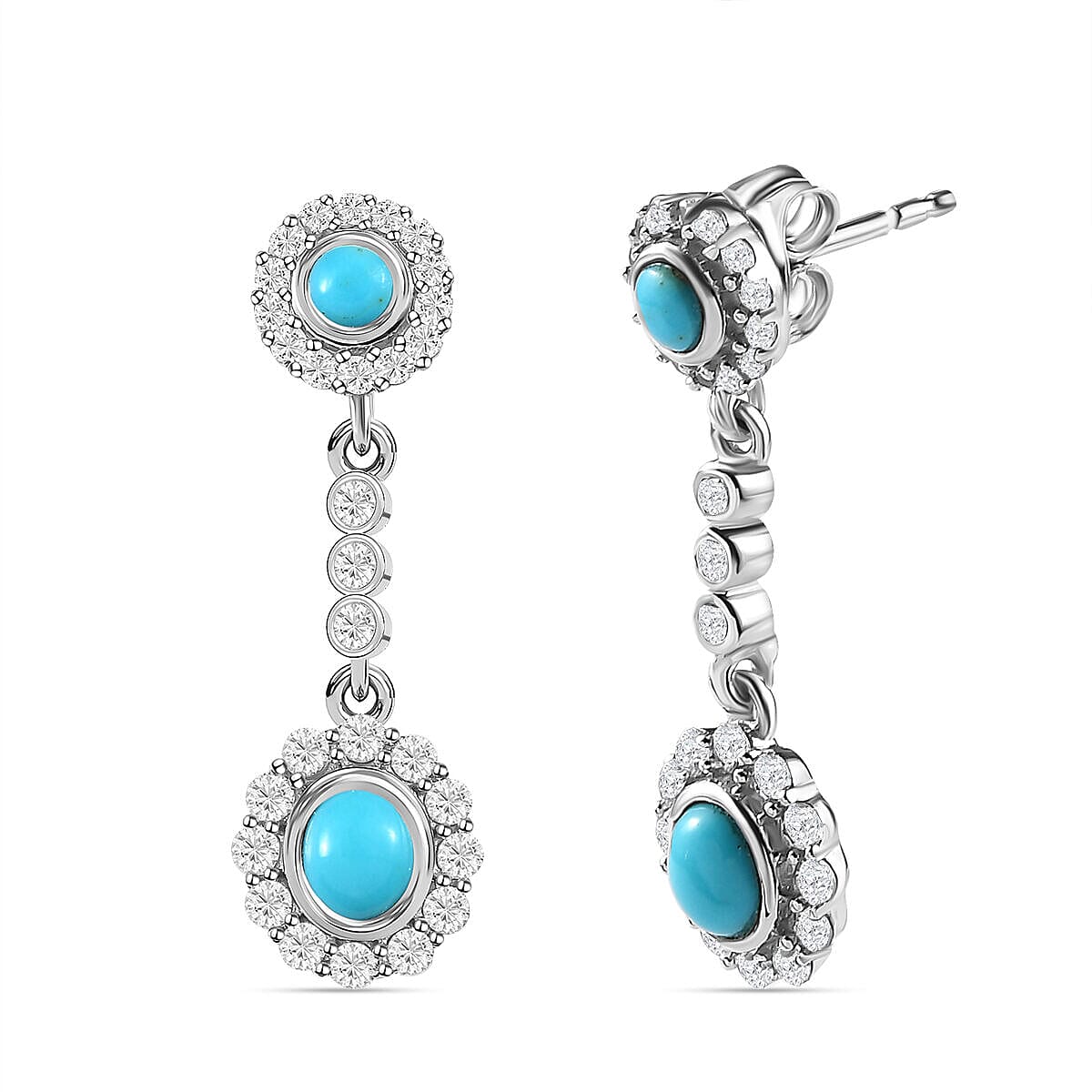 Arizona Sleeping Beauty Turquoise and Natural Cambodian Zircon Push Post Earrings (With Push Back) in Platinum Overlay Sterling Silver 2.416 Ct 7338178 3