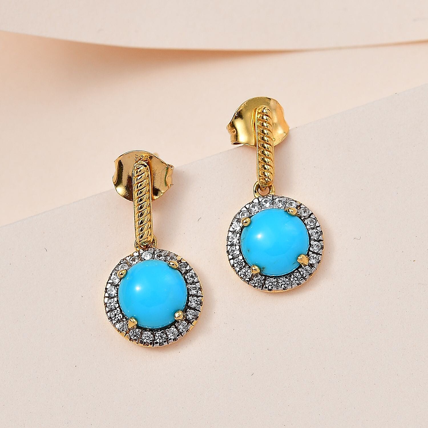 Tucson Special - Arizona Sleeping Beauty Turquoise &amp; Natural Zircon Earrings in 18K Yellow Gold Vermeil Plated Sterling Silver 2.70 Ct. 7662911 2