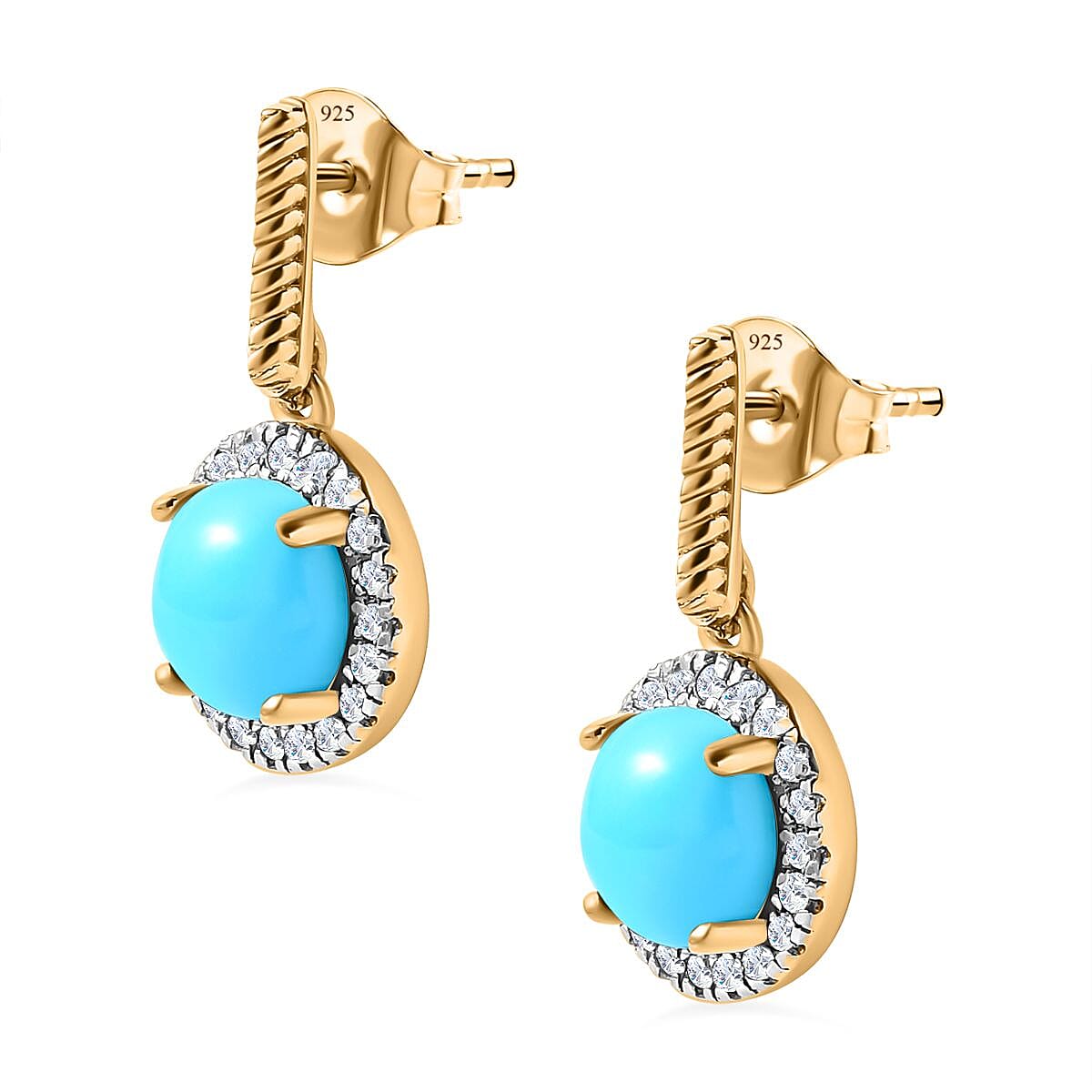 Tucson Special - Arizona Sleeping Beauty Turquoise &amp; Natural Zircon Earrings in 18K Yellow Gold Vermeil Plated Sterling Silver 2.70 Ct. 7662911 4