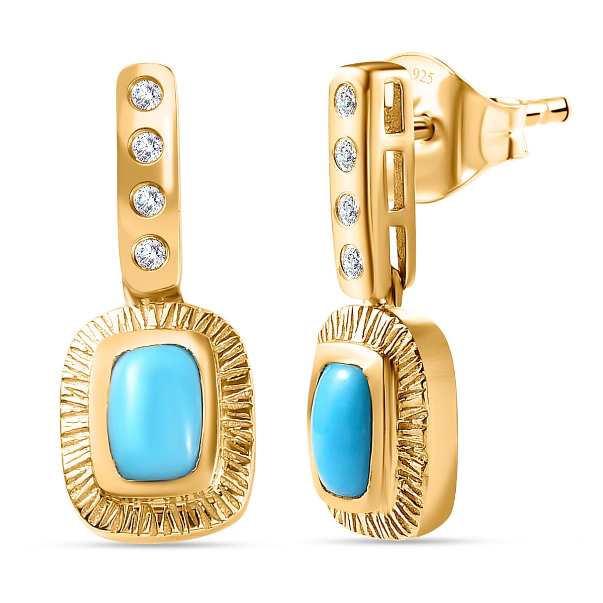 Sleeping Beauty Turquoise, White Zircon Solitaire Drop Push Post Earring in 18K Vermeil YG Plated Sterling Silver 1.22 ct  1.286  Ct. 7727355 0