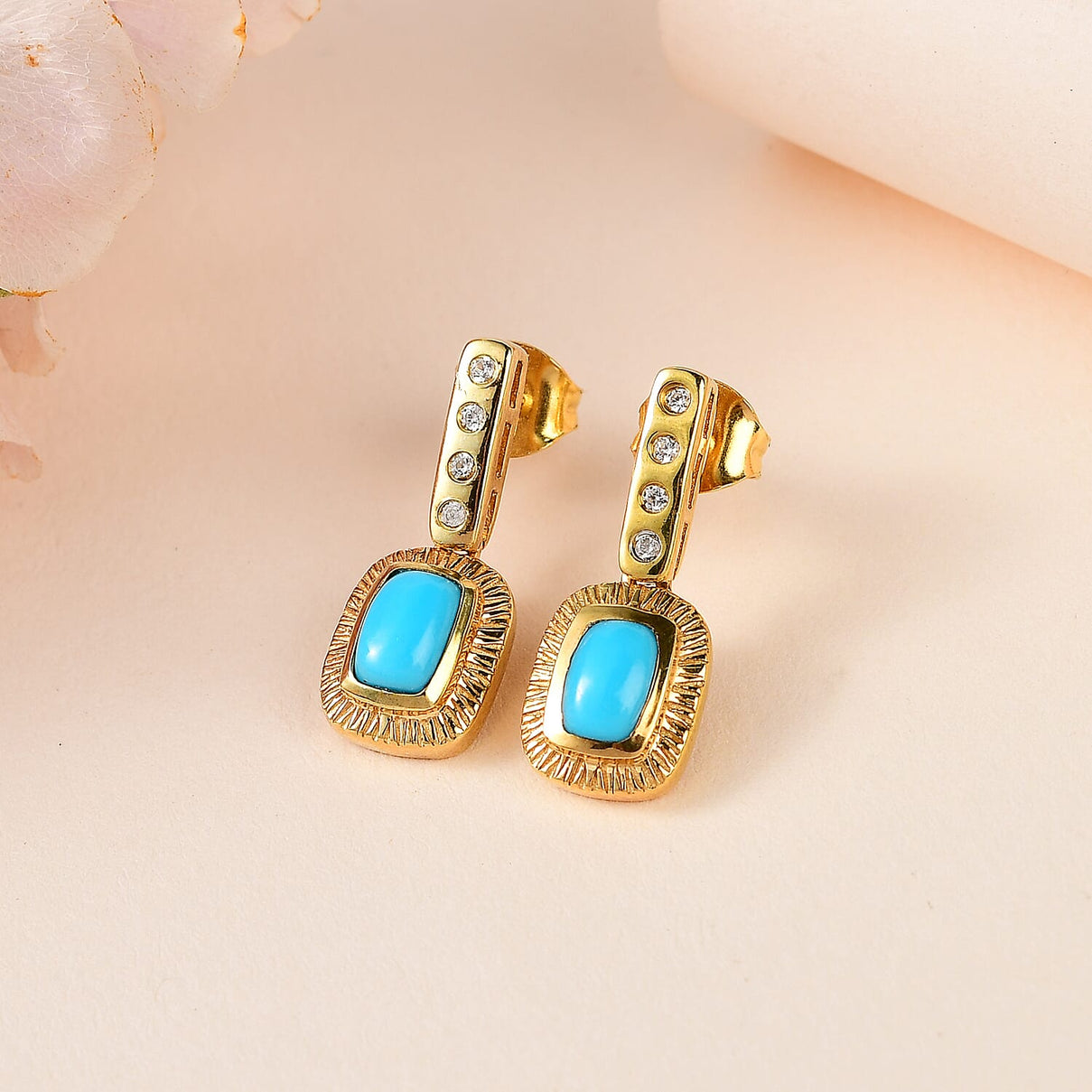Sleeping Beauty Turquoise, White Zircon Solitaire Drop Push Post Earring in 18K Vermeil YG Plated Sterling Silver 1.22 ct  1.286  Ct. 7727355 2