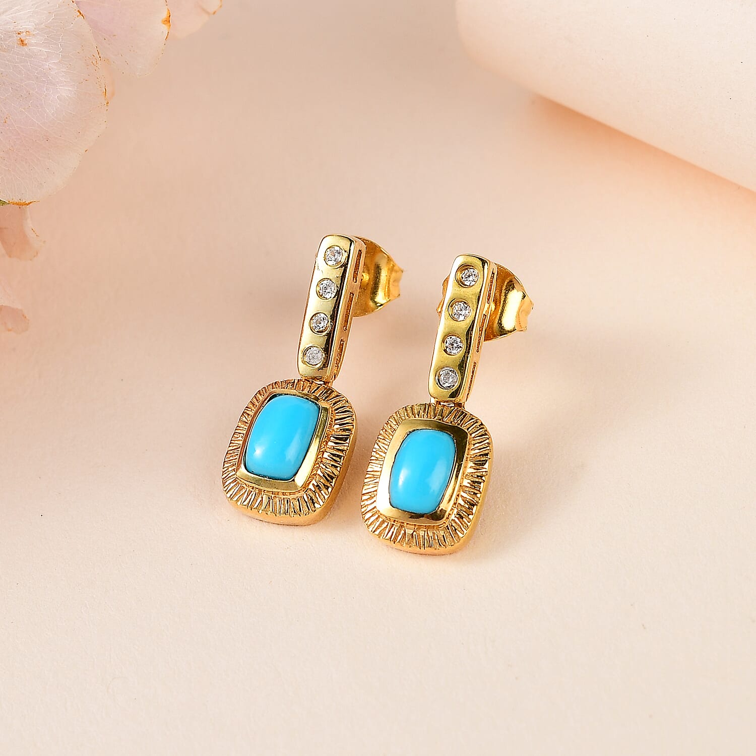Sleeping Beauty Turquoise, White Zircon Solitaire Drop Push Post Earring in 18K Vermeil YG Plated Sterling Silver 1.22 ct  1.286  Ct. 7727355 2
