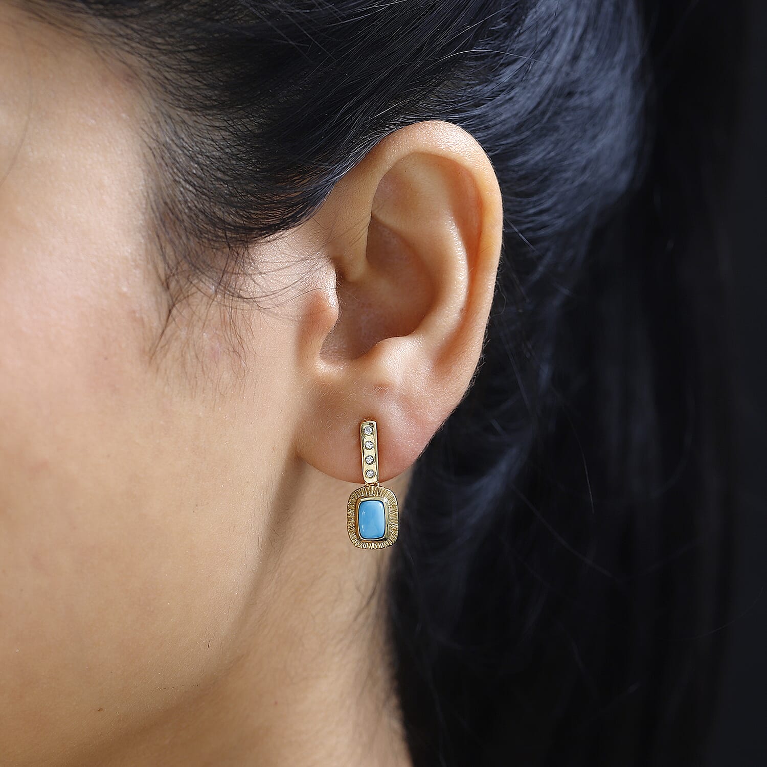 Sleeping Beauty Turquoise, White Zircon Solitaire Drop Push Post Earring in 18K Vermeil YG Plated Sterling Silver 1.22 ct  1.286  Ct. 7727355 3