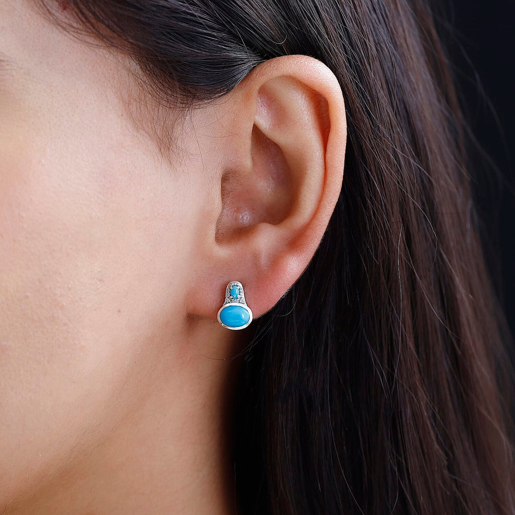 Arizona Sleeping Beauty Turquoise & Natural Zircon Stud Earrings in Platinum Overlay Sterling Silver 1.95 Ct