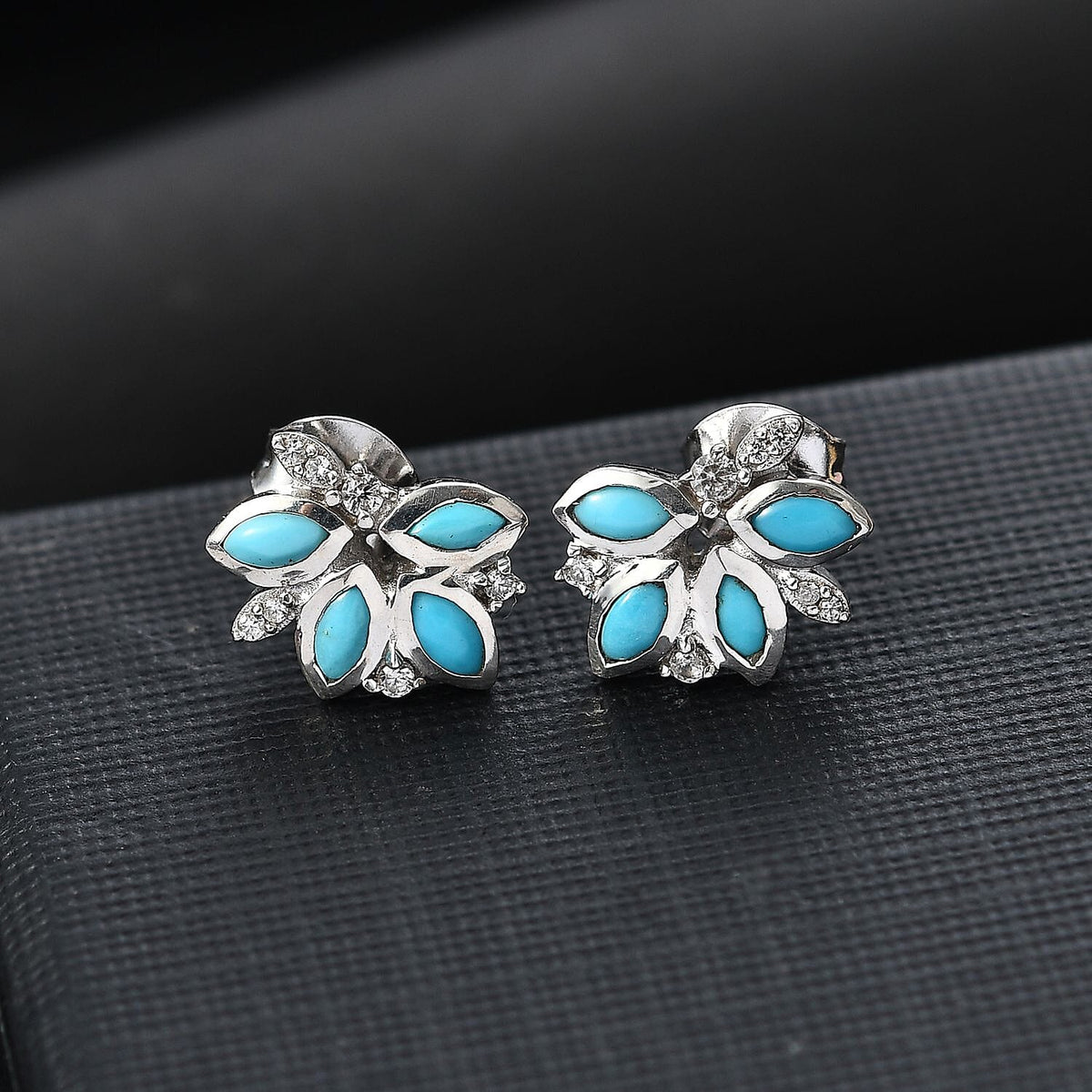 Sleeping Beauty Turquoise &amp; White Zircon Stud Push Post Earring in Rhodium Overlay Sterling Silver 8054919 2