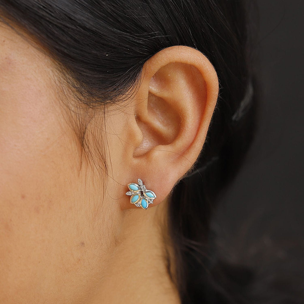 Sleeping Beauty Turquoise & White Zircon Stud Push Post Earring in Rhodium Overlay Sterling Silver