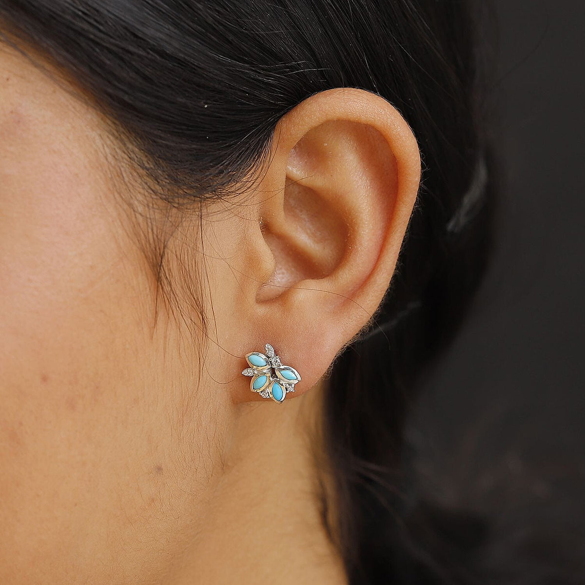 Sleeping Beauty Turquoise &amp; White Zircon Stud Push Post Earring in Rhodium Overlay Sterling Silver 8054919 3