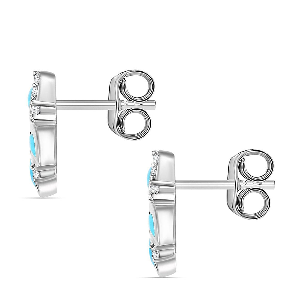 Sleeping Beauty Turquoise & White Zircon Stud Push Post Earring in Rhodium Overlay Sterling Silver