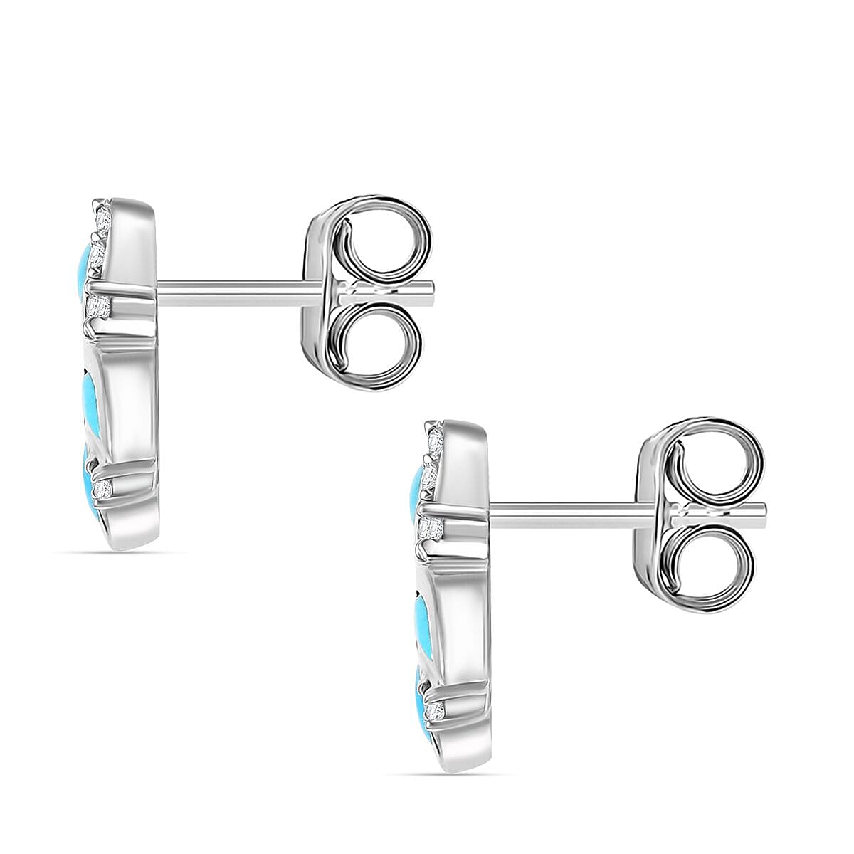 Sleeping Beauty Turquoise &amp; White Zircon Stud Push Post Earring in Rhodium Overlay Sterling Silver 8054919 4