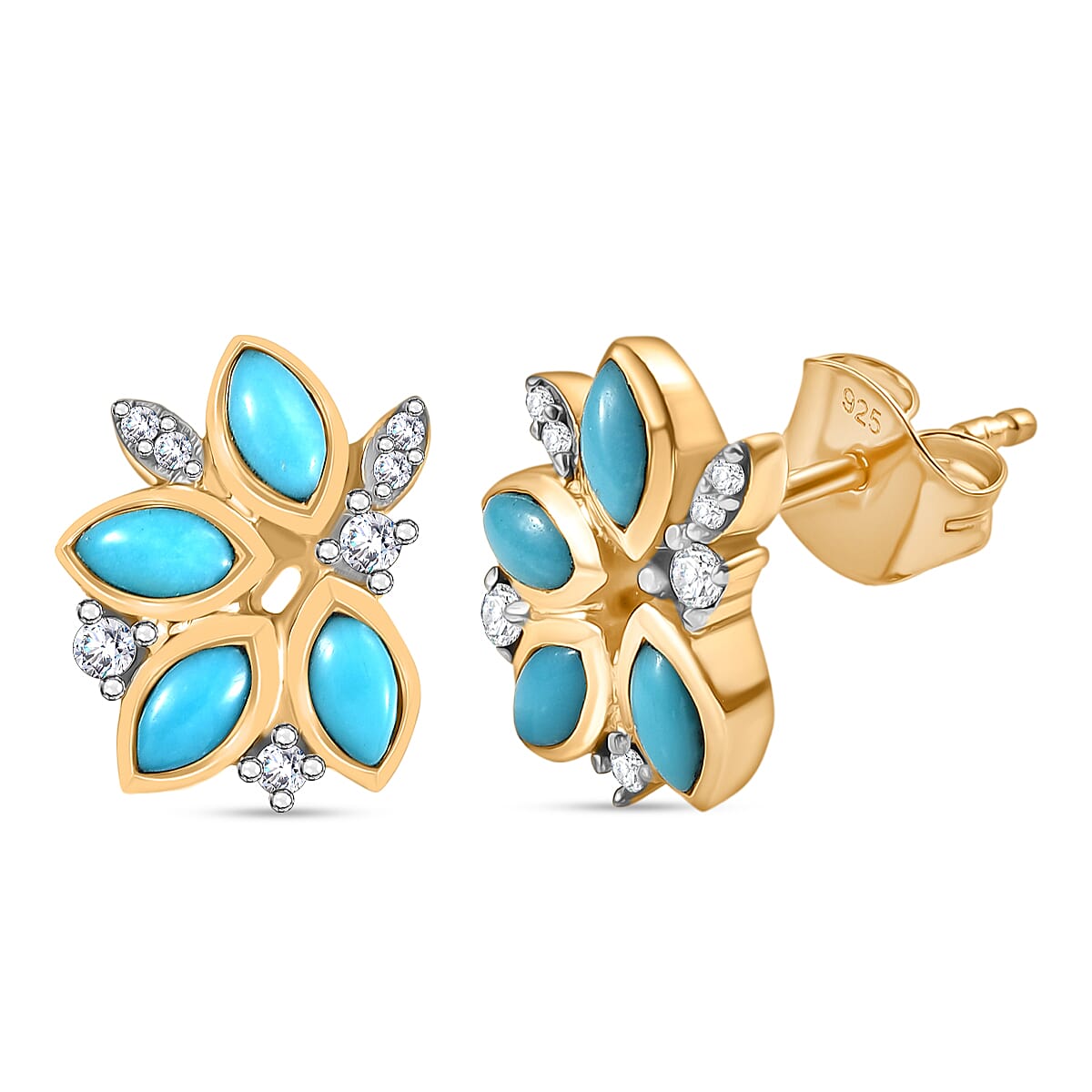D'joy Sleeping Beauty Turquoise &amp; White Zircon Stud Push Post Earring in 14K Yellow Gold Plated Overlay Sterling Silver 8213801 0