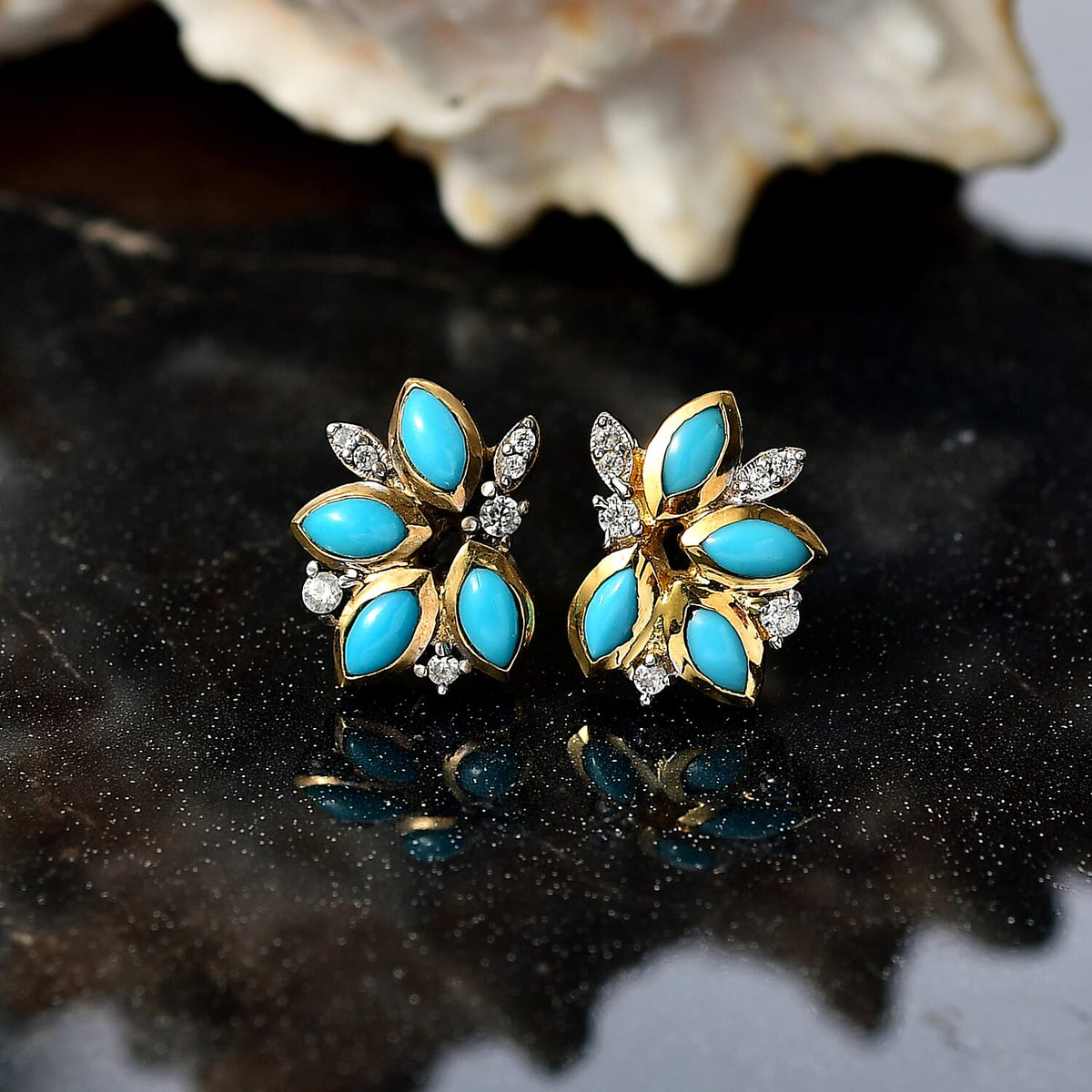 D'joy Sleeping Beauty Turquoise &amp; White Zircon Stud Push Post Earring in 14K Yellow Gold Plated Overlay Sterling Silver 8213801 2