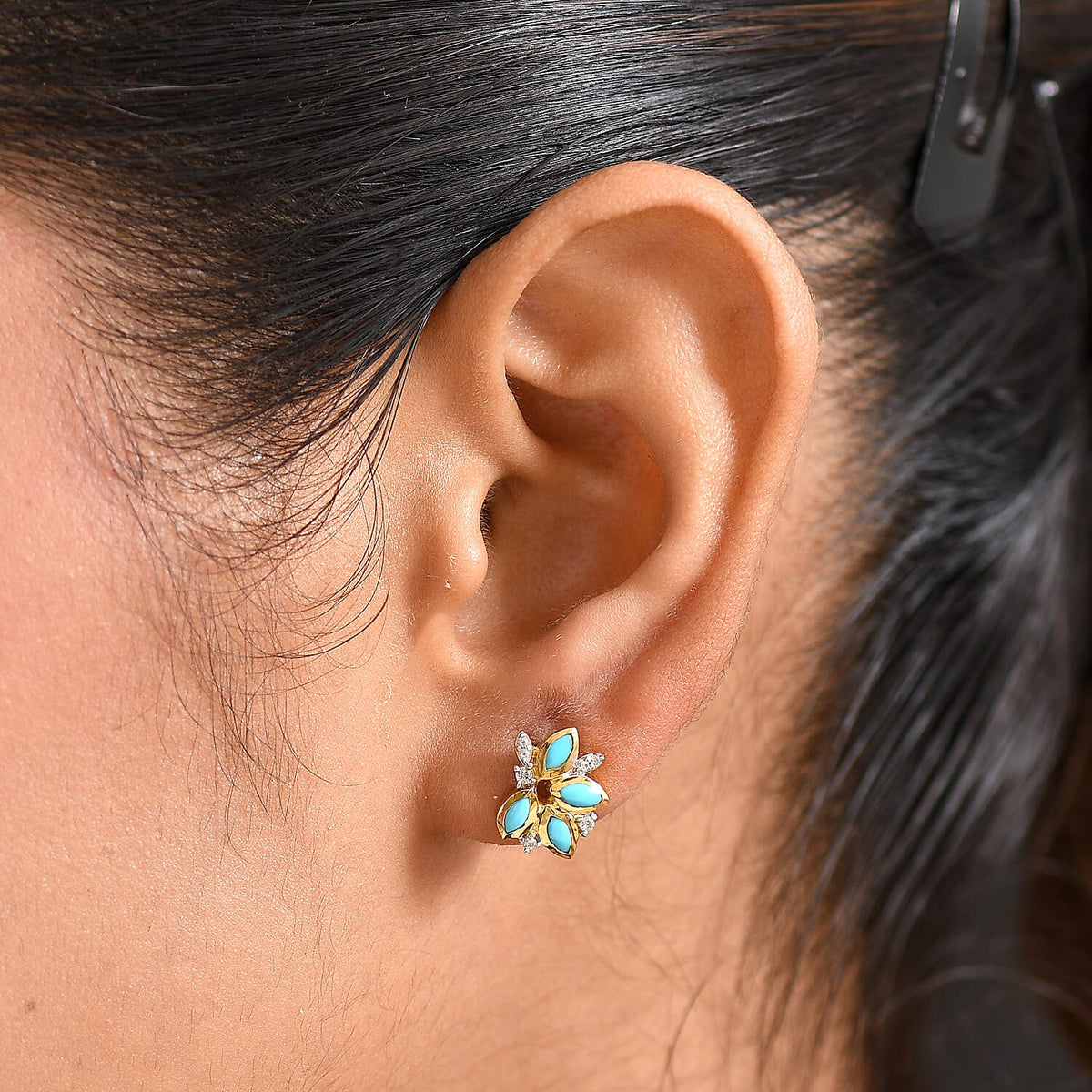 D'joy Sleeping Beauty Turquoise &amp; White Zircon Stud Push Post Earring in 14K Yellow Gold Plated Overlay Sterling Silver 8213801 3