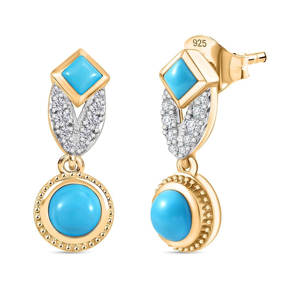 D'joy Sleeping Beauty Turquoise &amp; White Zircon Stud Push Post Earring in Yellow Gold Plating Sterling Silver 1.00 Ct. 8221311 0