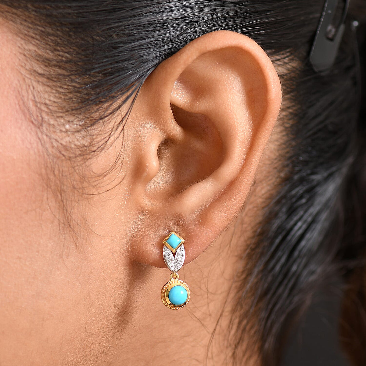 D'joy Sleeping Beauty Turquoise &amp; White Zircon Stud Push Post Earring in Yellow Gold Plating Sterling Silver 1.00 Ct. 8221311 3