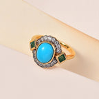 Arizona Sleeping Beauty Turquoise & Natural Zircon & Zambian Emerald Ring in 18K Yellow Gold Vermeil Plated Sterling Silver 2.38 Ct.