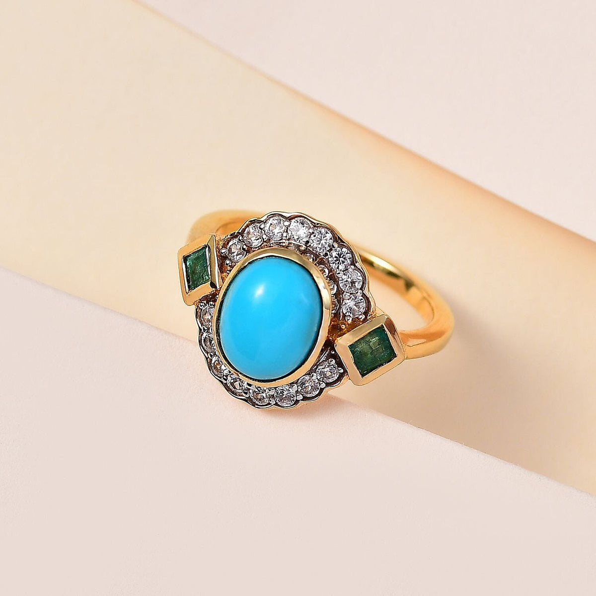 Arizona Sleeping Beauty Turquoise &amp; Natural Zircon &amp; Zambian Emerald Ring in 18K Yellow Gold Vermeil Plated Sterling Silver 2.38 Ct. 7662974 1
